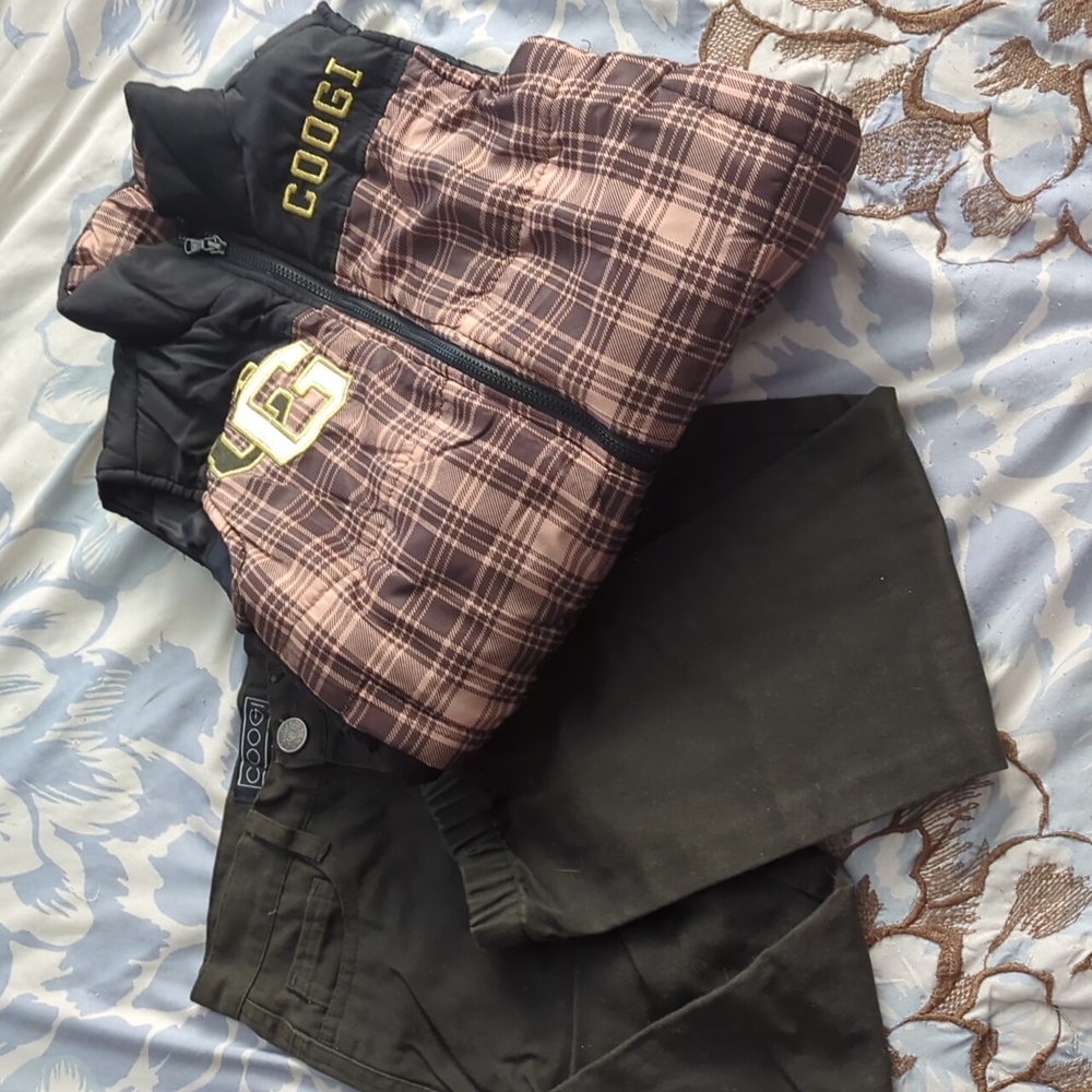 Coogi outfit, size 4. Olive pants, brown/tan puffer vest.
